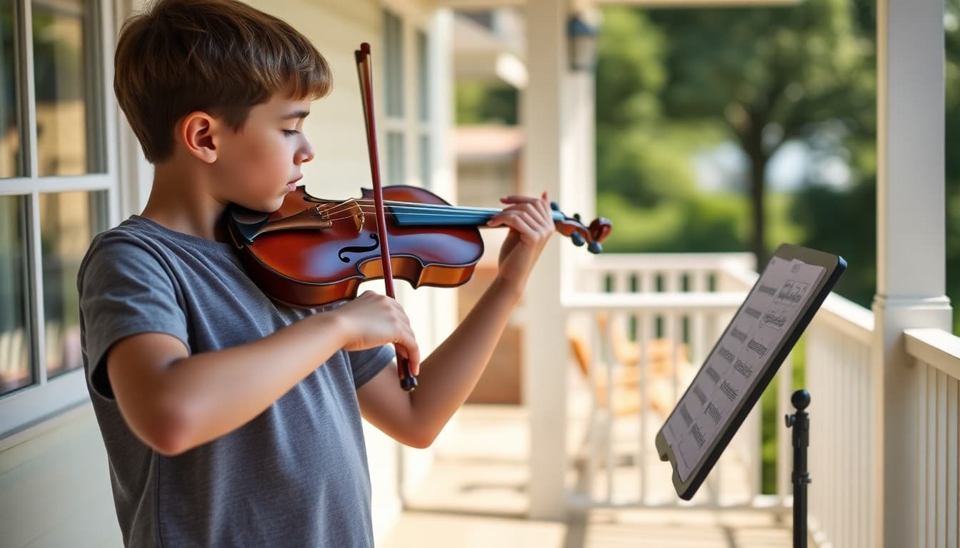 Student practicing violin outside on a sunny day with music stand set up on a porch for summer practice session