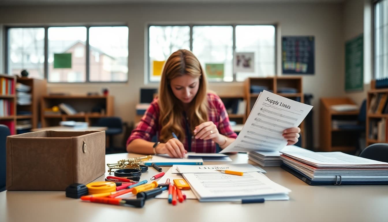 Music teacher organizing a supply list for parents with instrument accessories, reeds, and music folders on a table