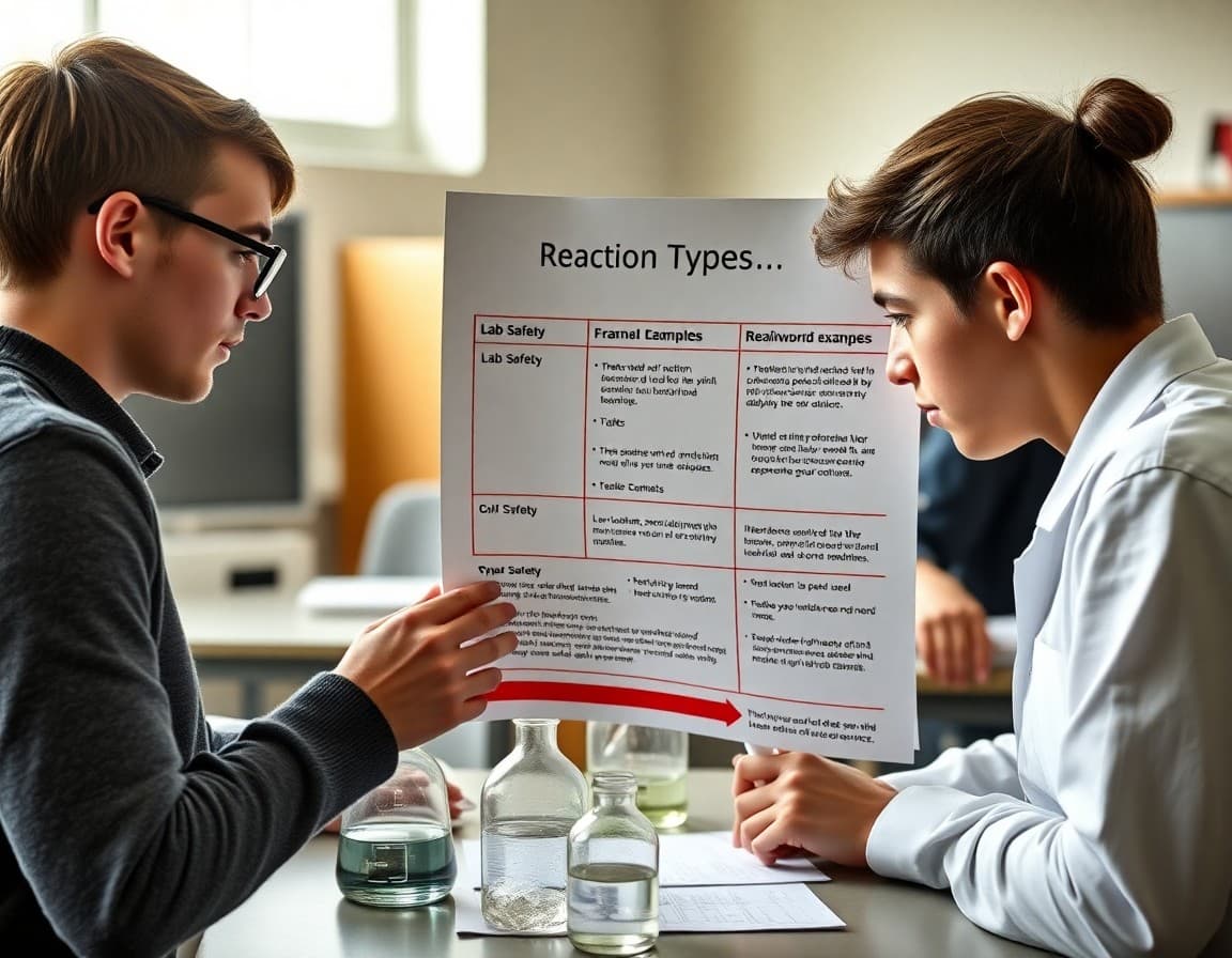 Chemistry newsletter showing reaction types summary with lab safety section and real-world examples