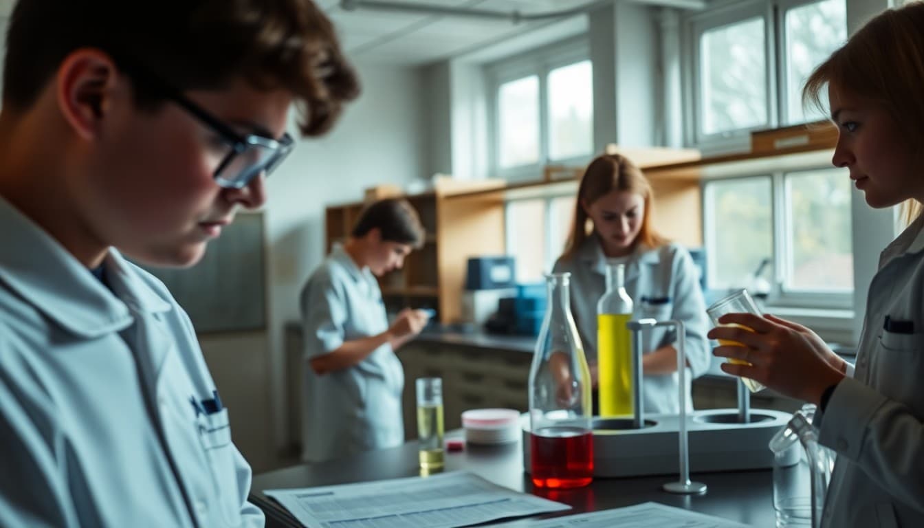 A chemistry lab with reaction experiments and safety guidelines visible next to student lab reports