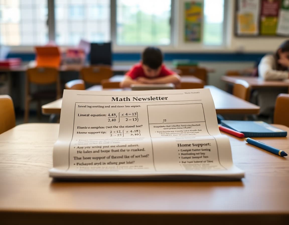 Math newsletter showing linear equations explanation with slope example and home support tips on a desk