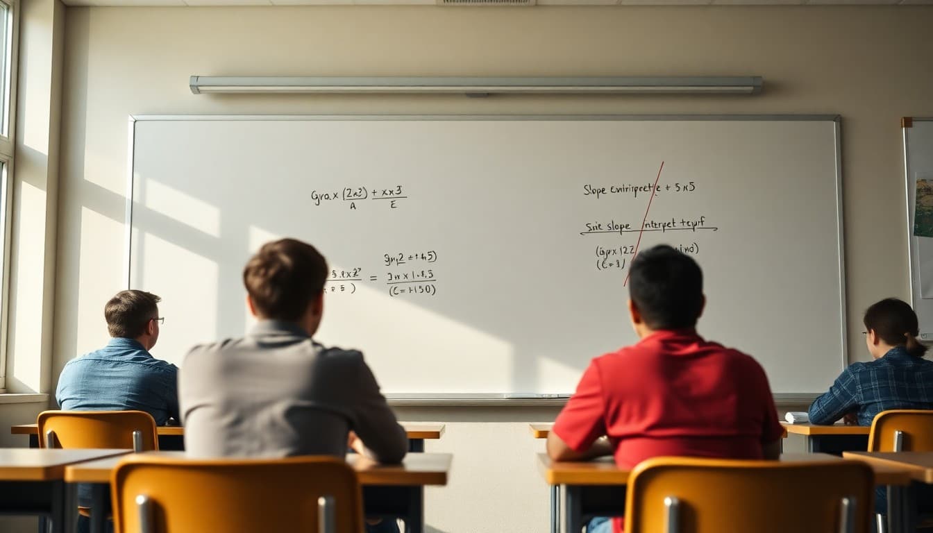A classroom whiteboard showing linear equation graphs and slope-intercept form with student desks visible