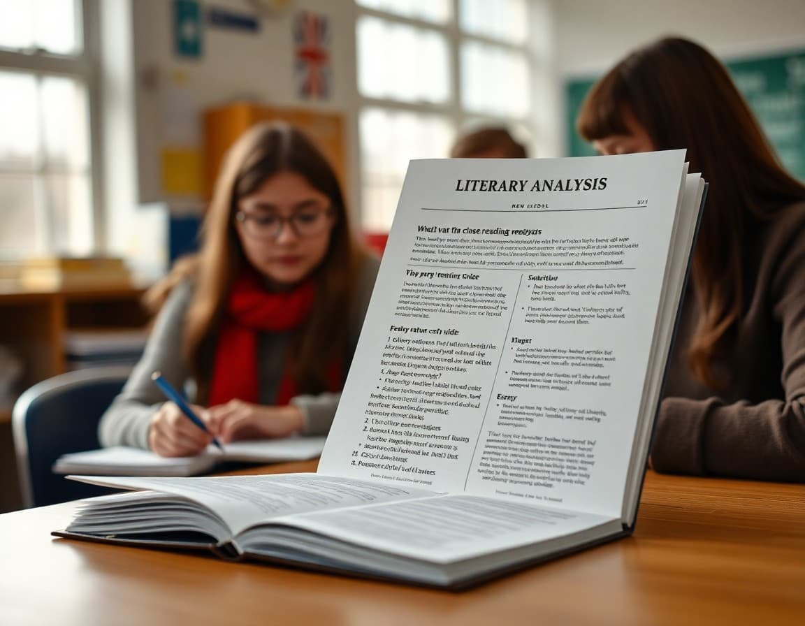 Literary analysis newsletter showing close reading section and essay structure guide on a teacher desk