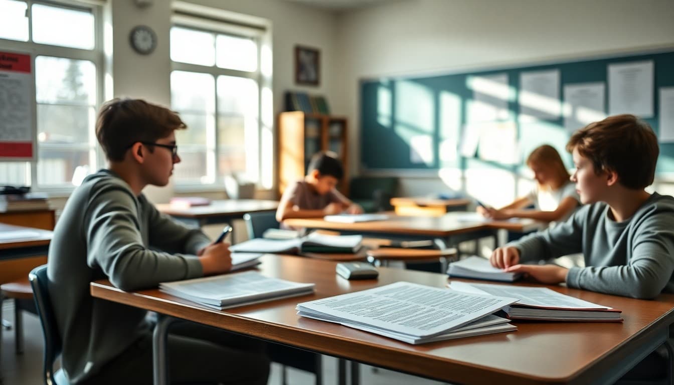 An ELA classroom with literary analysis frameworks and student essay drafts visible on a table