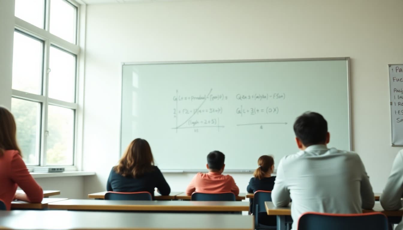 An algebra classroom with parabola graphs and the quadratic formula displayed on the whiteboard
