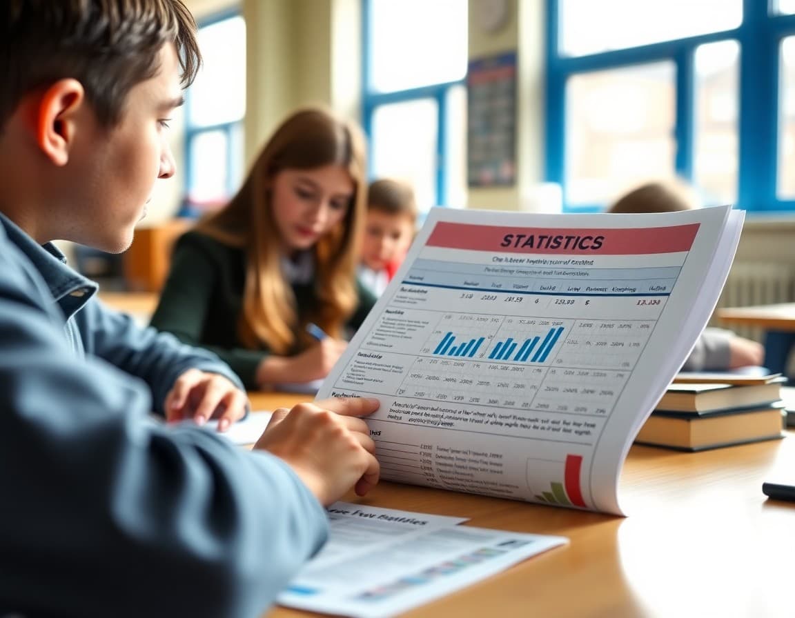Statistics newsletter showing data analysis summary with measures of center explanation on a desk