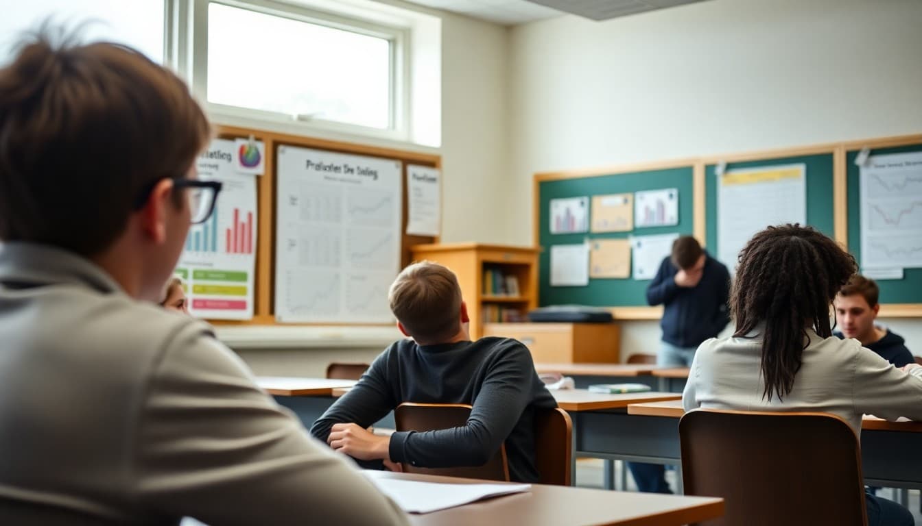 A statistics classroom with data charts, probability displays, and student data projects visible on walls