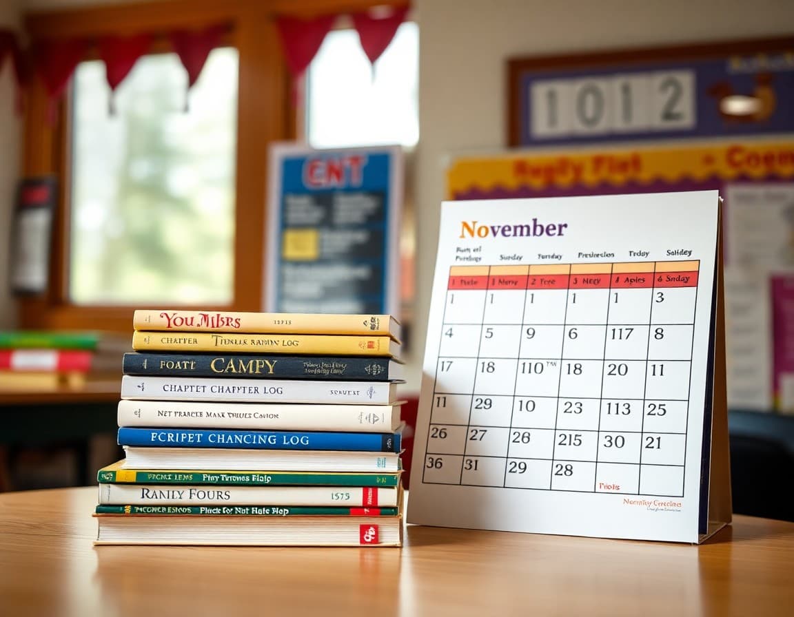 Stack of chapter books with bookmarks and a reading log beside a November classroom calendar