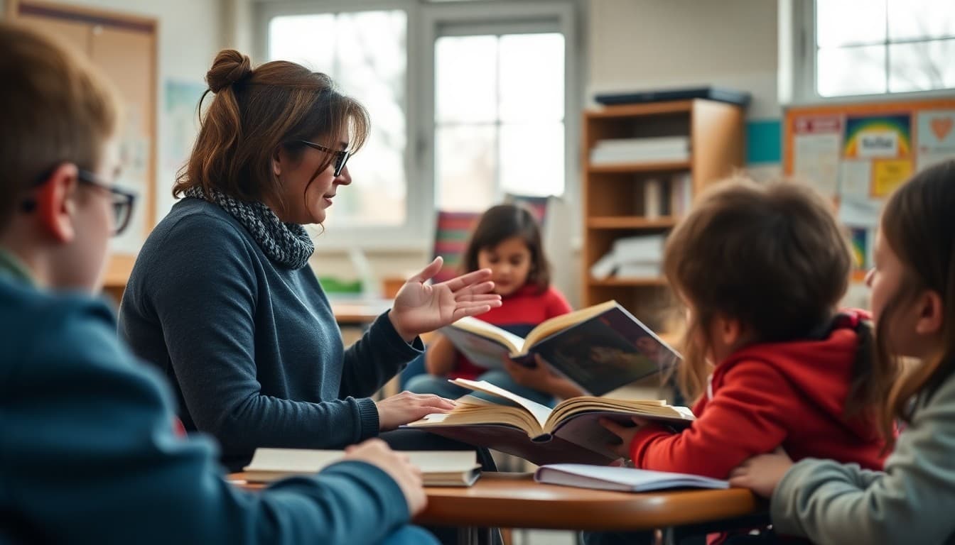 Reading teacher conducting a small group lesson in a cozy November classroom