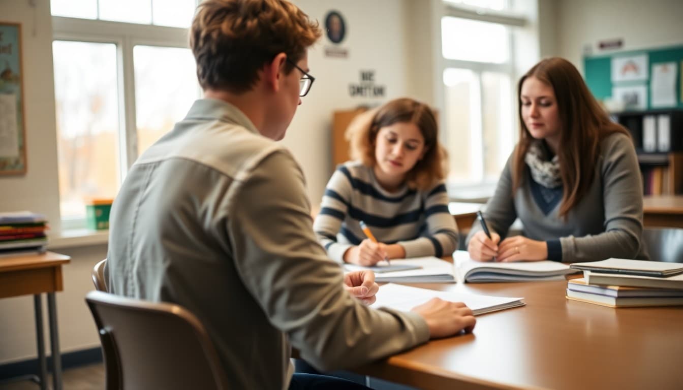 Writing teacher reviewing student portfolios at a November classroom table with samples spread out