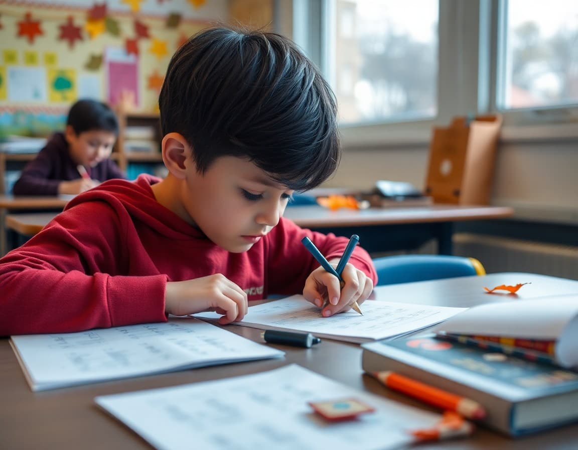 Student working on math problems at a desk with fall leaves decorations visible