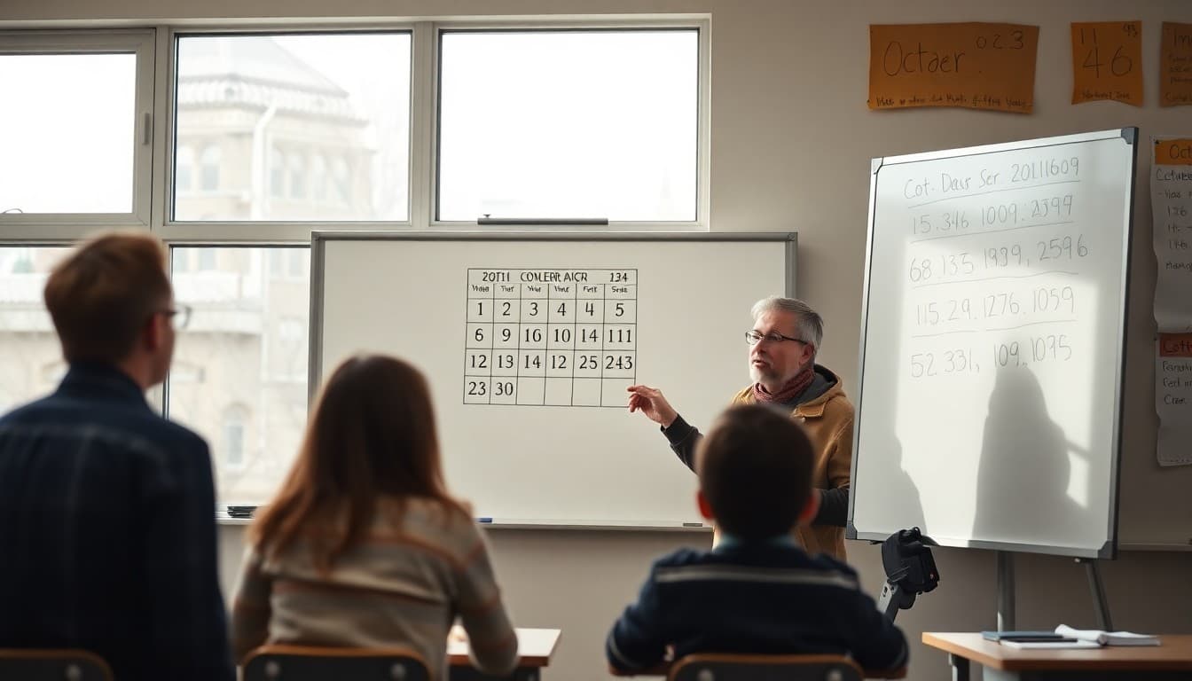 Math teacher at whiteboard with October calendar and number patterns displayed