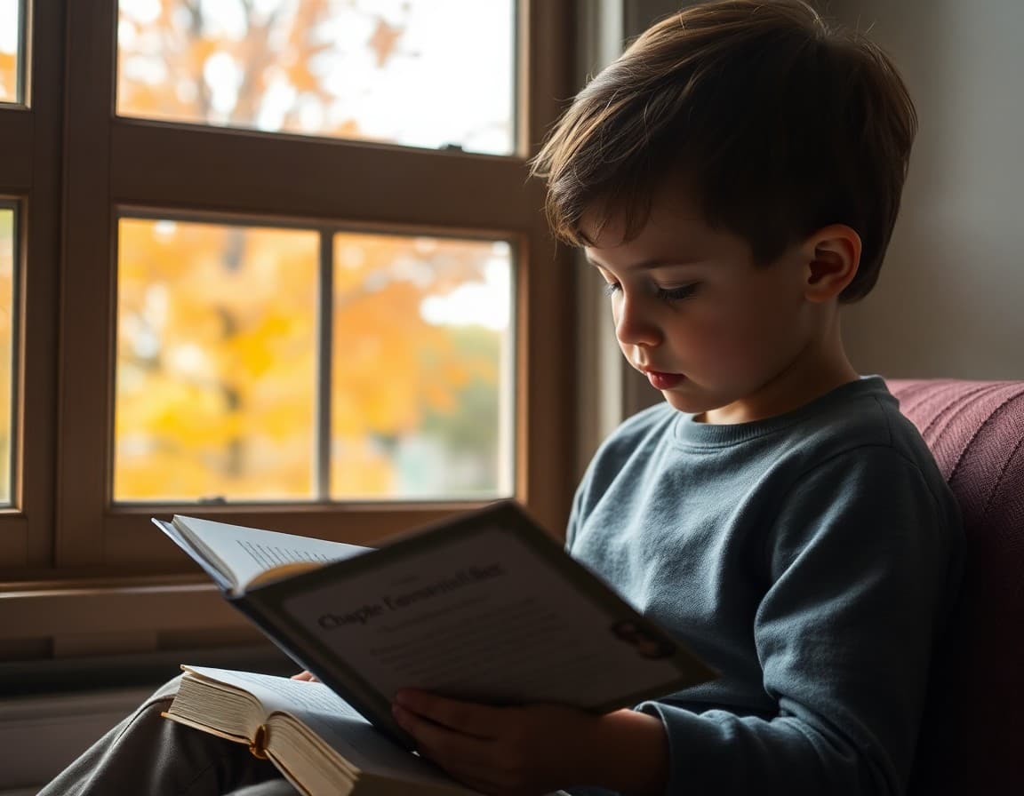 Child reading a chapter book at home with autumn leaves visible through a window