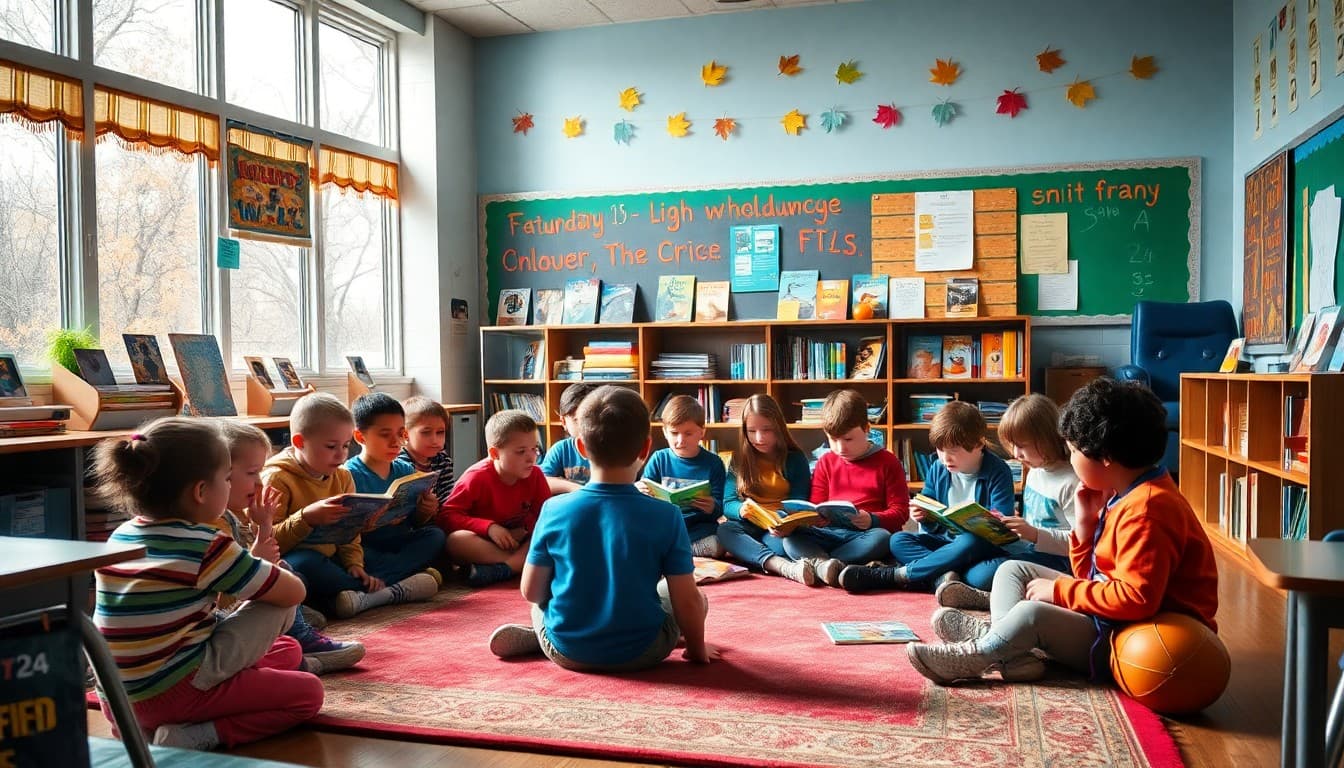 Students gathered on a rug for reading workshop in an October classroom with book displays