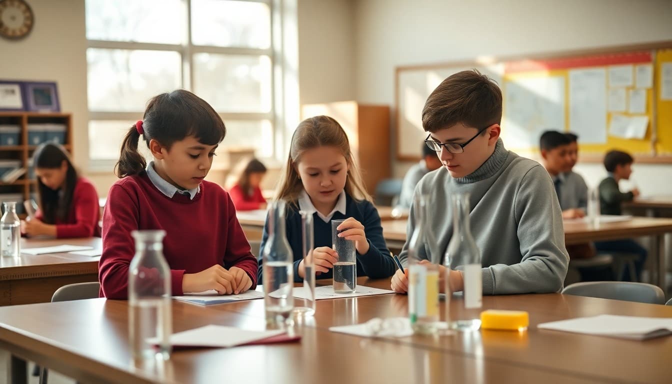 Students conducting a science investigation at lab tables in an October classroom with data charts visible