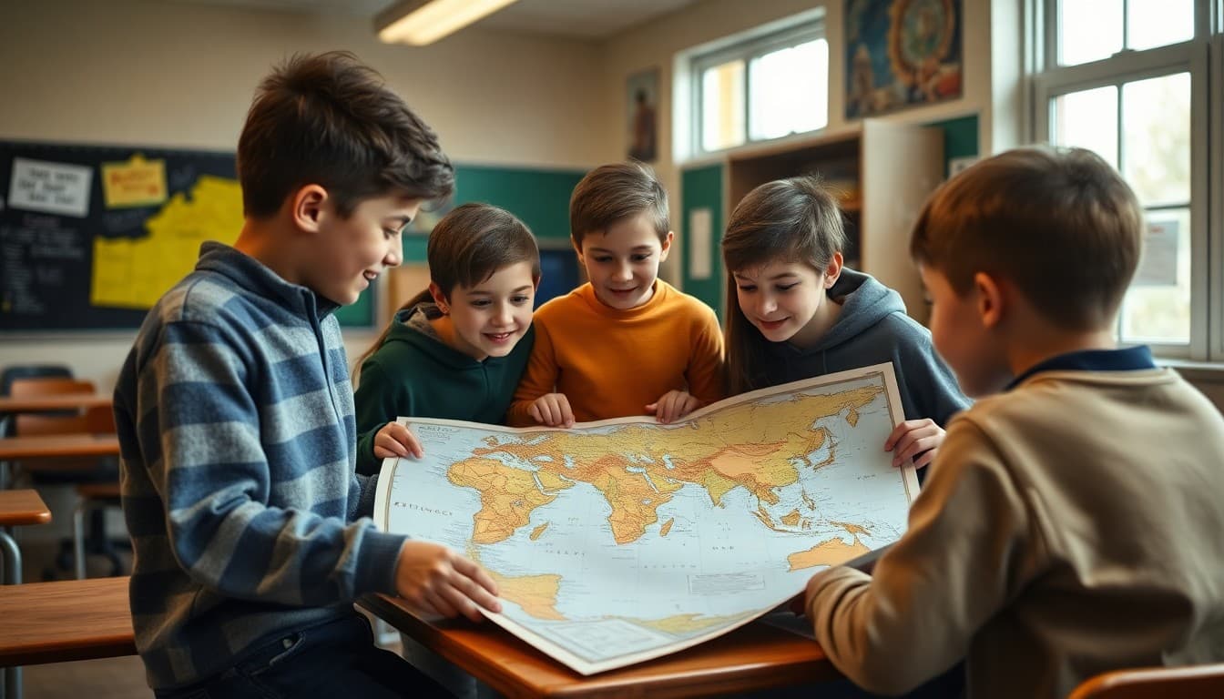 Students analyzing a historical map together in an October social studies classroom