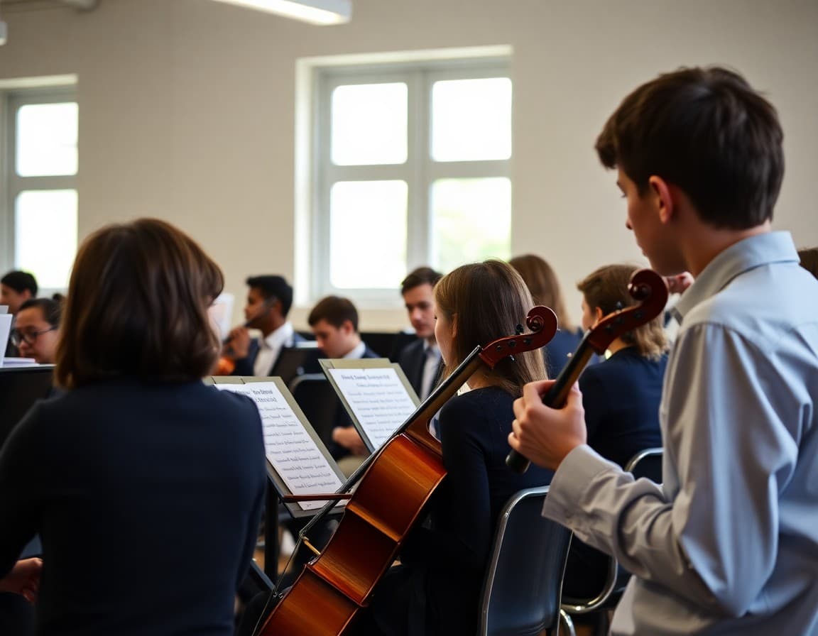 Sample orchestra newsletter with repertoire overview and pre-concert logistics highlighted