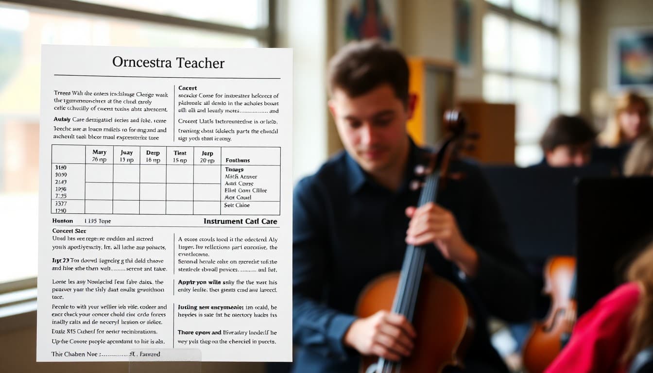 Orchestra teacher newsletter example showing concert schedule and instrument care sections