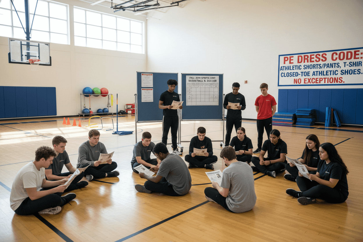 New PE students reading a welcome newsletter about dress code requirements and upcoming fitness units on the first day of class