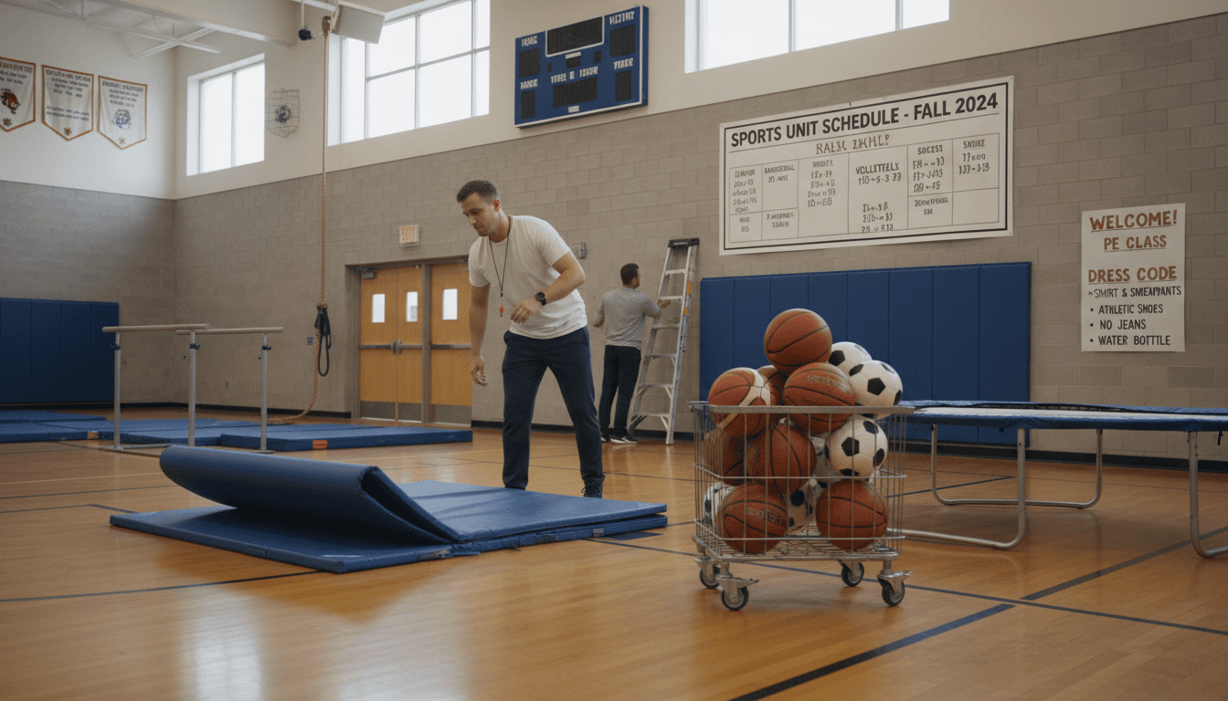 Physical education teacher setting up a gymnasium with equipment stations ready for the first day, uniform and dress code information on a welcome sign