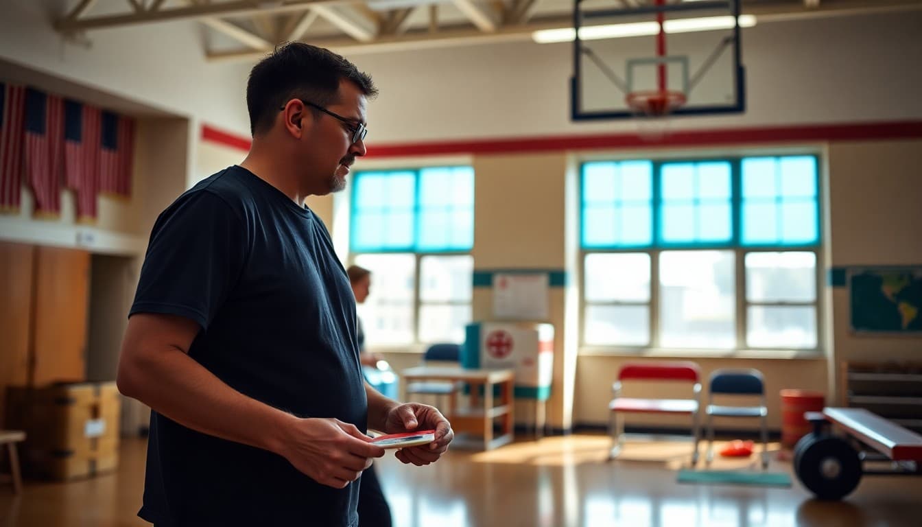 PE teacher organizing gymnasium equipment and activity stations before the first day of physical education class