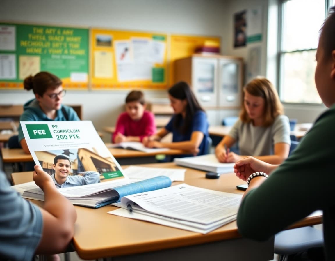 Updated PE curriculum guide and new fitness assessment materials spread on teacher's desk for review