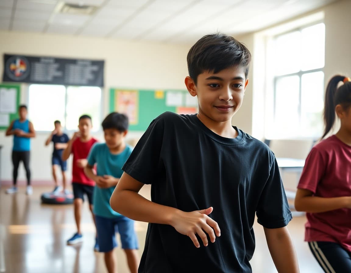Students in PE class working at different fitness levels with PE teacher circulating to give individual guidance