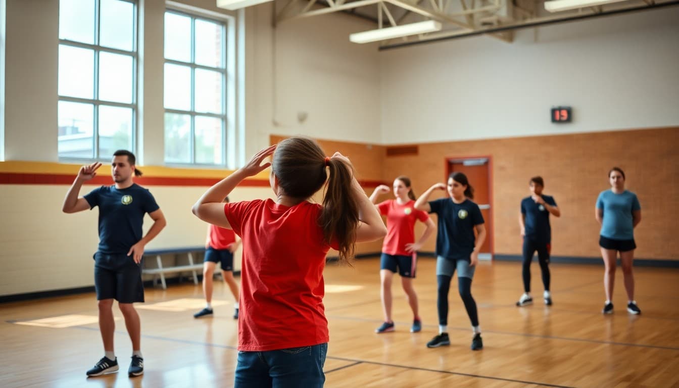 PE teacher demonstrating modified exercise option to student while classmates do standard version in gymnasium