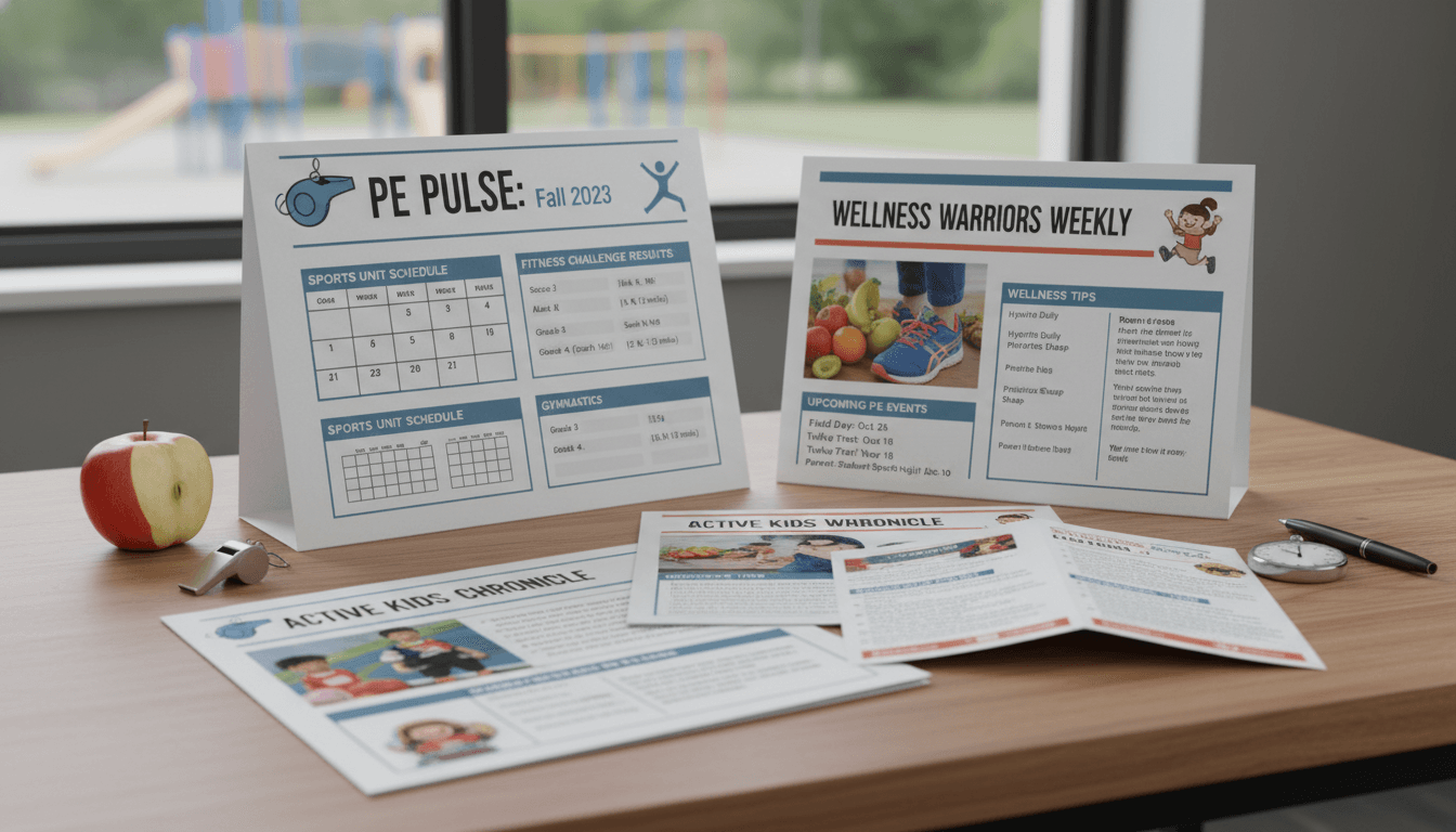 Several physical education teacher newsletter examples showing fitness challenge updates, sports unit announcements, and wellness tips for families