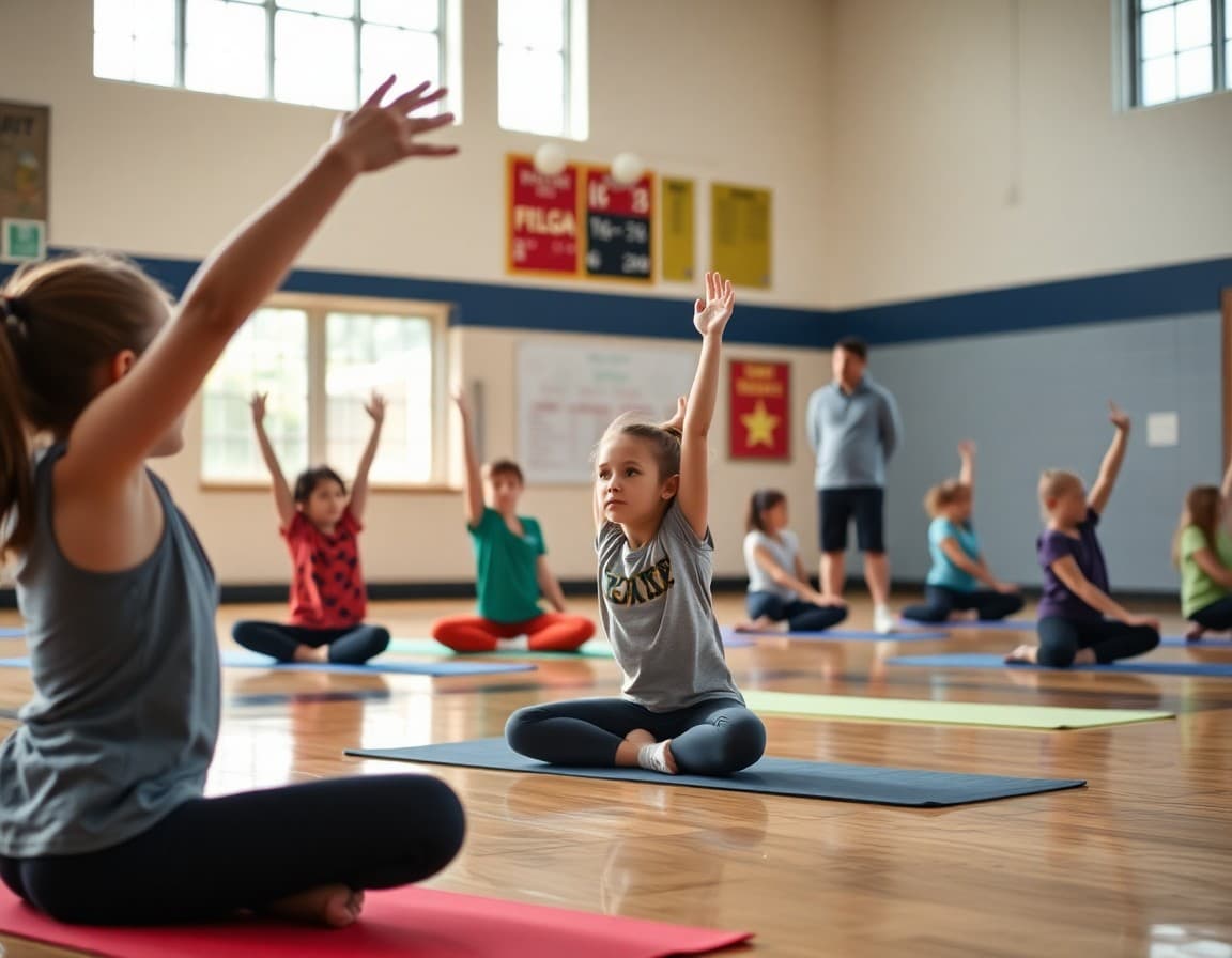 Students participating in after-school fitness club doing yoga stretches on mats in gymnasium with PE teacher