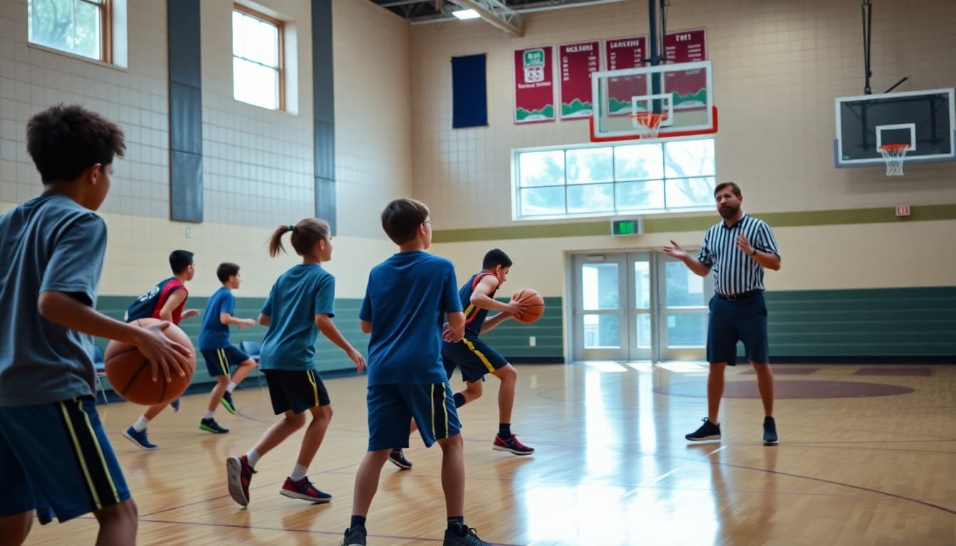 Students playing intramural basketball after school with PE teacher refereeing in school gymnasium