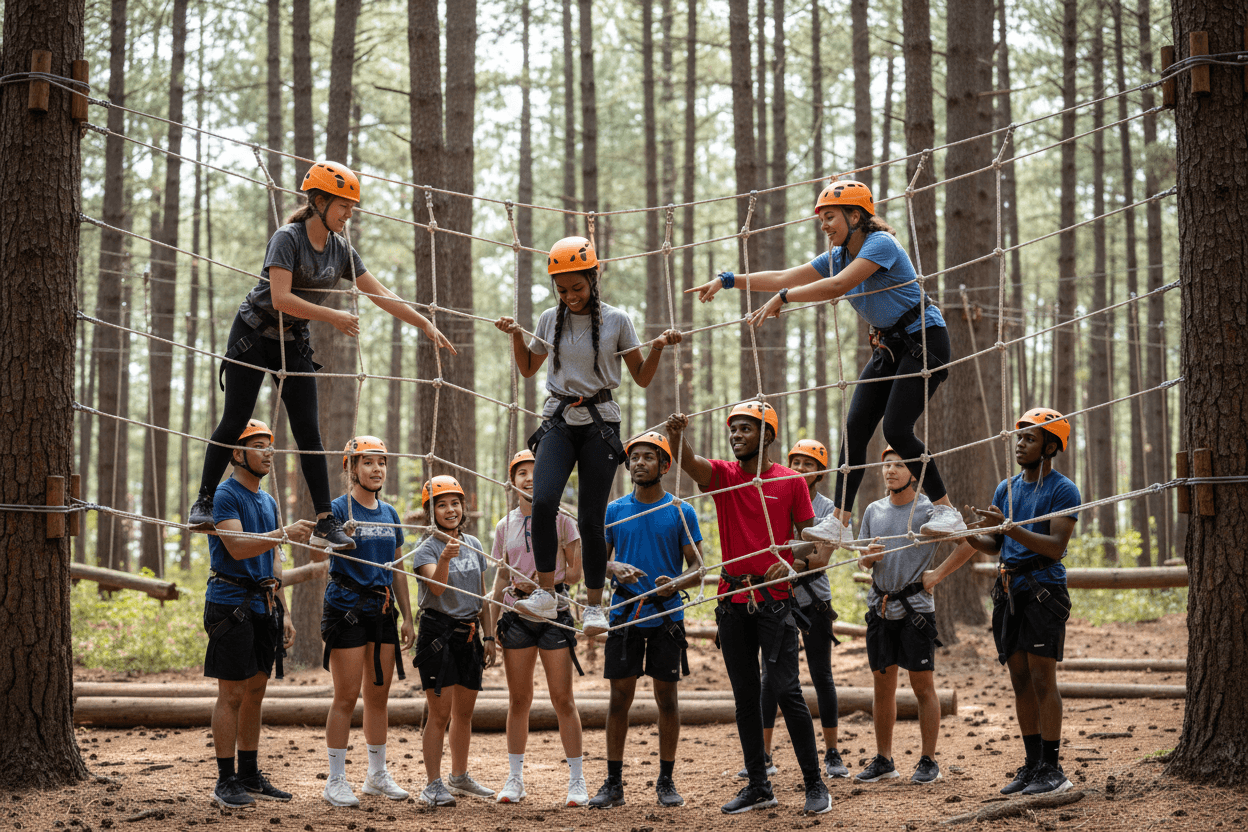 Students working together on a team-building activity at an outdoor field trip site during a physical education excursion