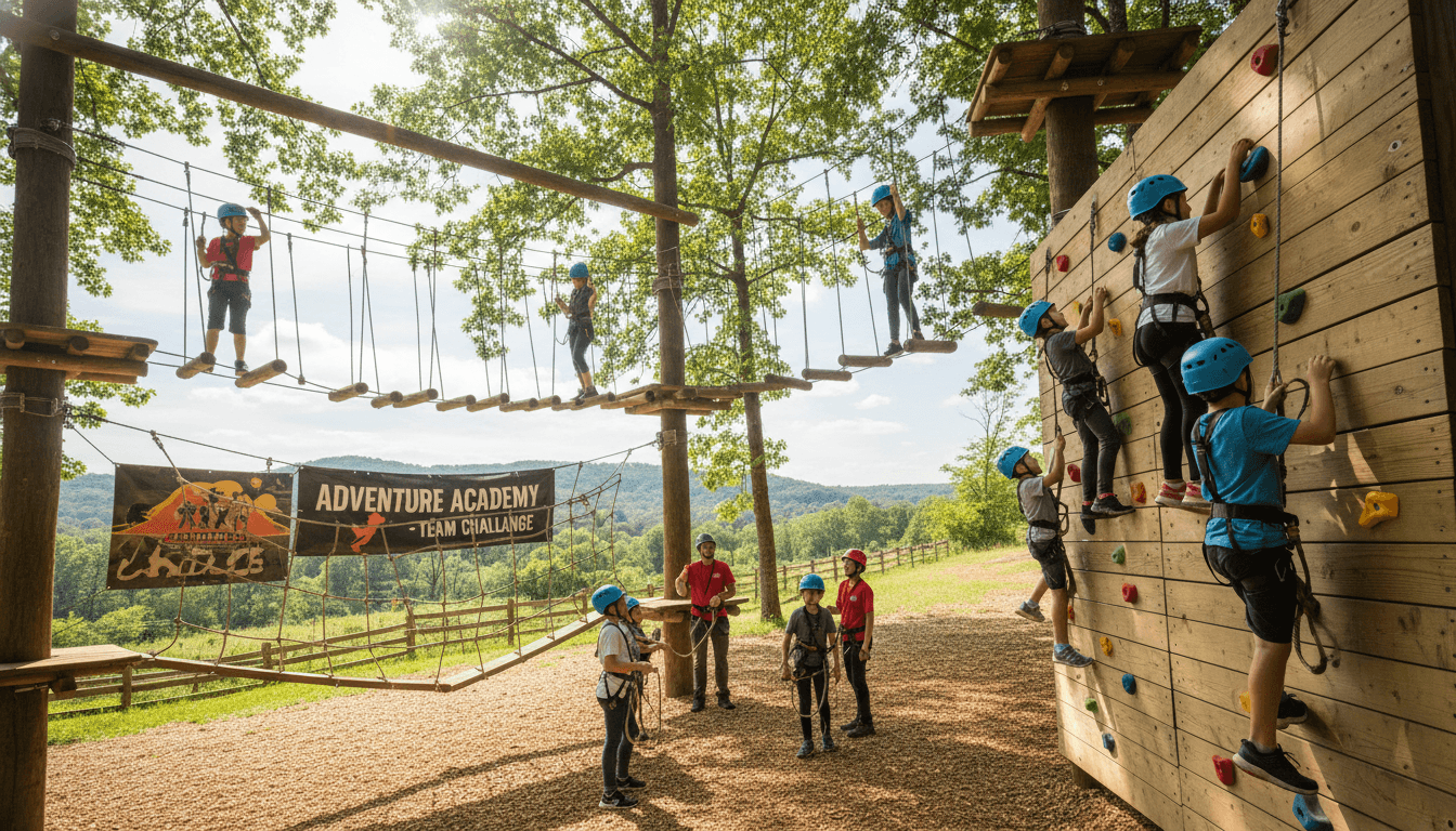 Students on a physical education field trip at an outdoor education or ropes course facility, engaged in team-building activities