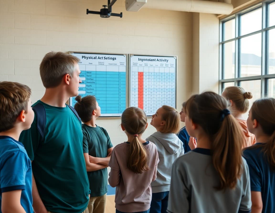 Students and teacher looking at physical activity tracking chart on gymnasium wall during fitness awareness month