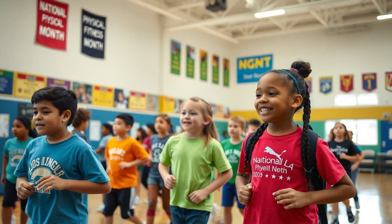 PE students participating in National Physical Fitness Month activity challenge in school gymnasium with colorful banners
