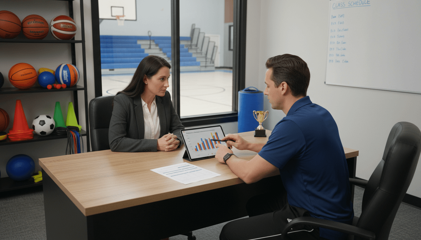 Physical education teacher meeting with a parent to review a student's fitness assessment results and activity participation records