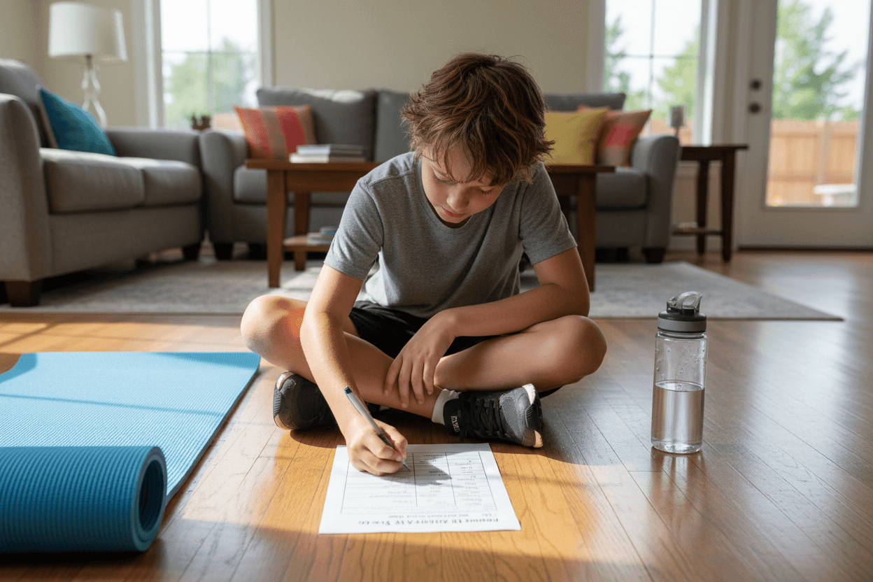 Student completing a home physical activity log as part of a remote PE class assignment, exercise mat visible