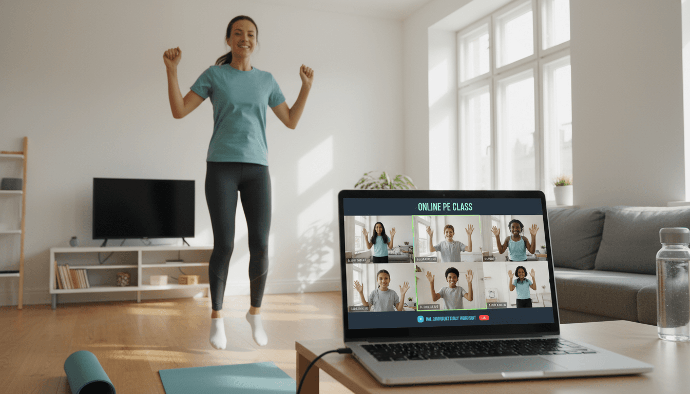PE teacher leading a home workout video lesson on a laptop screen, demonstrating exercises for students following along remotely