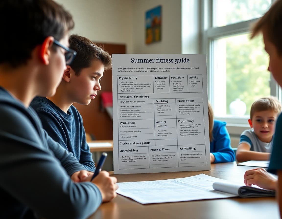 PE teacher's summer fitness guide with physical activity log, goal-setting worksheet, and activity options for families