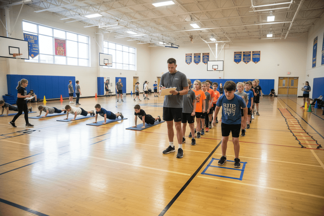 Students reviewing PE fitness test preparation materials and healthy habits handouts before their fitness assessment