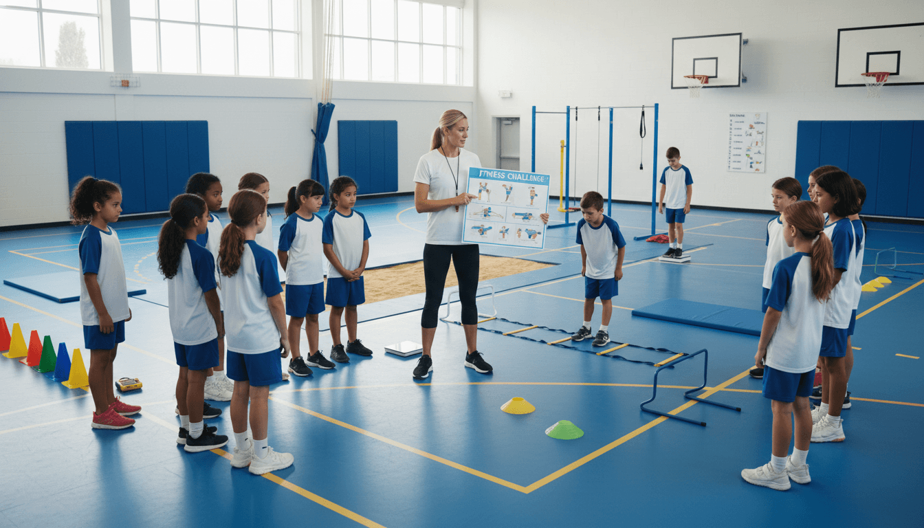 PE teacher explaining fitness assessment components to students in a gymnasium, fitness testing station setup visible