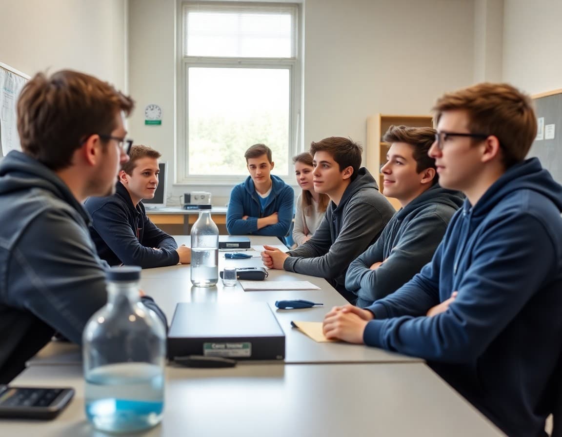 High school physics students receiving course overview on first day with lab equipment visible