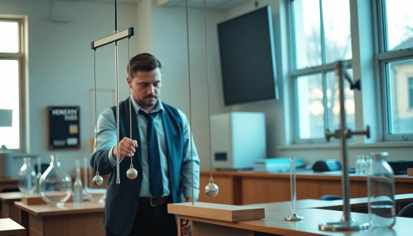 Physics teacher arranging lab equipment and pendulum demonstrations before first day of class