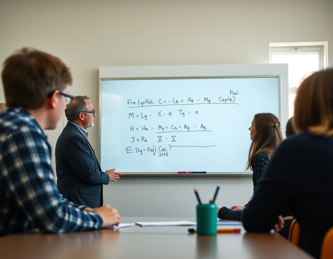 Physics teacher showing parents a new unit sequence on a whiteboard during a curriculum information night