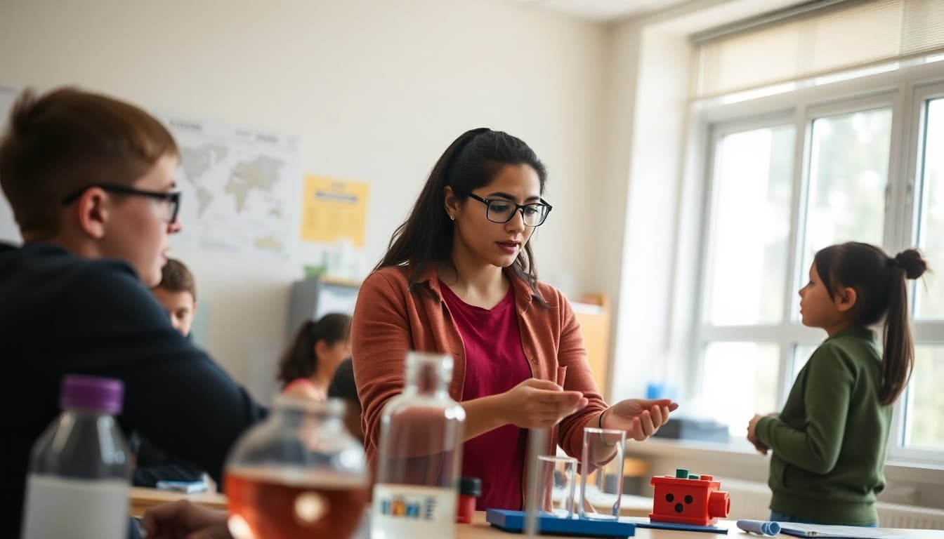 Physics teacher working with diverse learners at different lab stations during a differentiated instruction lesson