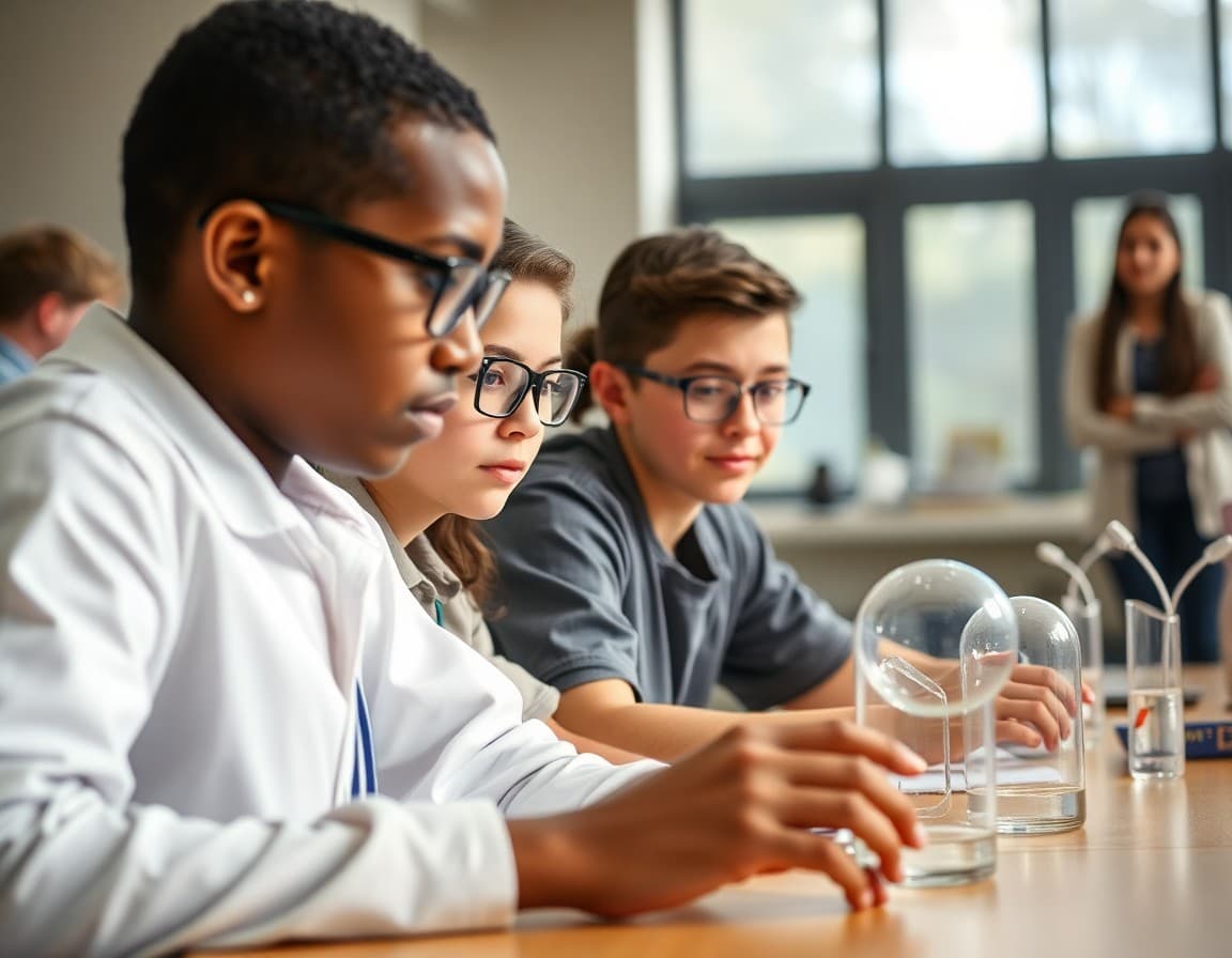 Physics students competing at a Science Olympiad event with teacher coach visible in the background