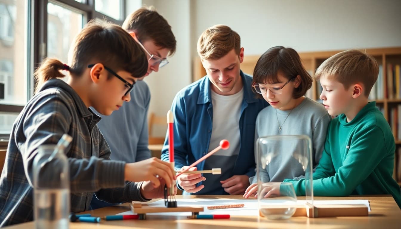 Students working with a physics teacher sponsor in an after-school science club building a projectile launcher