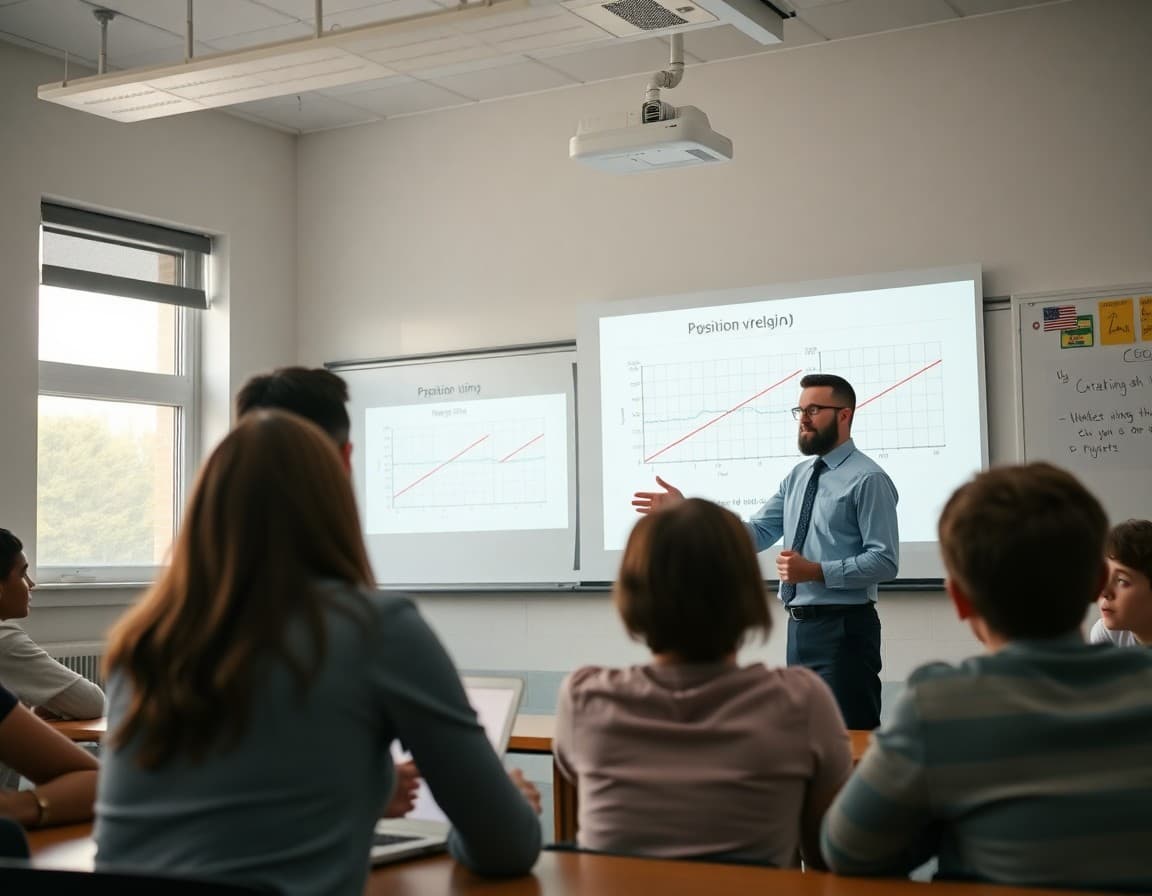 Physics teacher explaining kinematics concepts to students using position versus time graphs on a projector screen