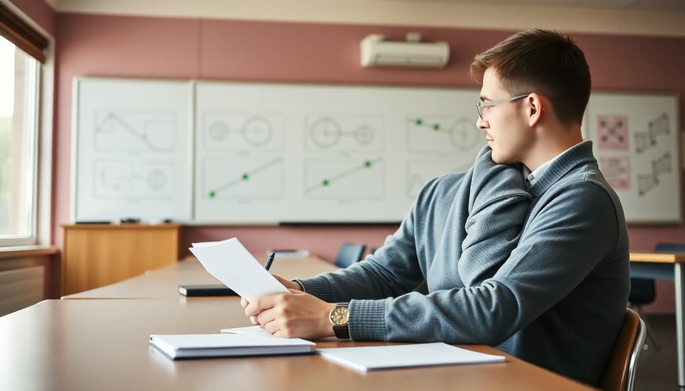Physics teacher writing a unit newsletter at a classroom desk with motion diagrams on the whiteboard behind them