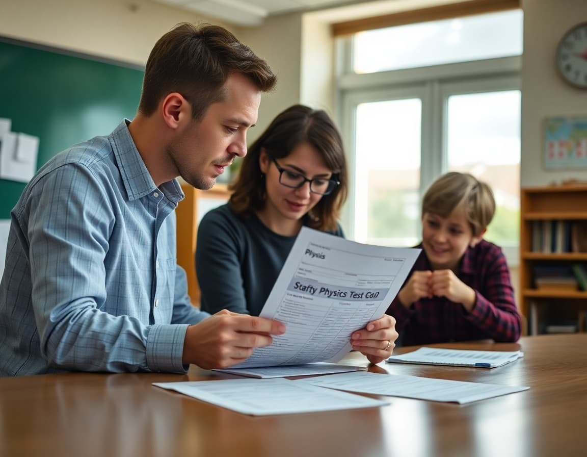 Teacher and parent reviewing physics grade report at a school conference table with test papers visible